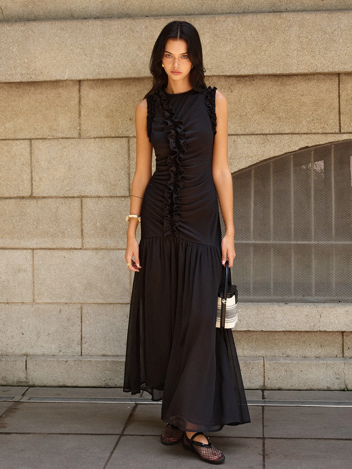 Ruffled Detail Ruched-Front Maxi Dress sold by COMMENSE product image thumbnail 4