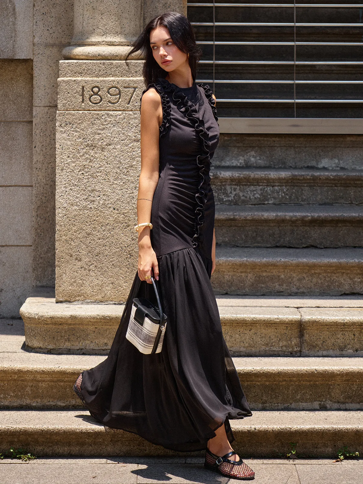 Ruffled Detail Ruched-Front Maxi Dress sold by COMMENSE product image thumbnail 2