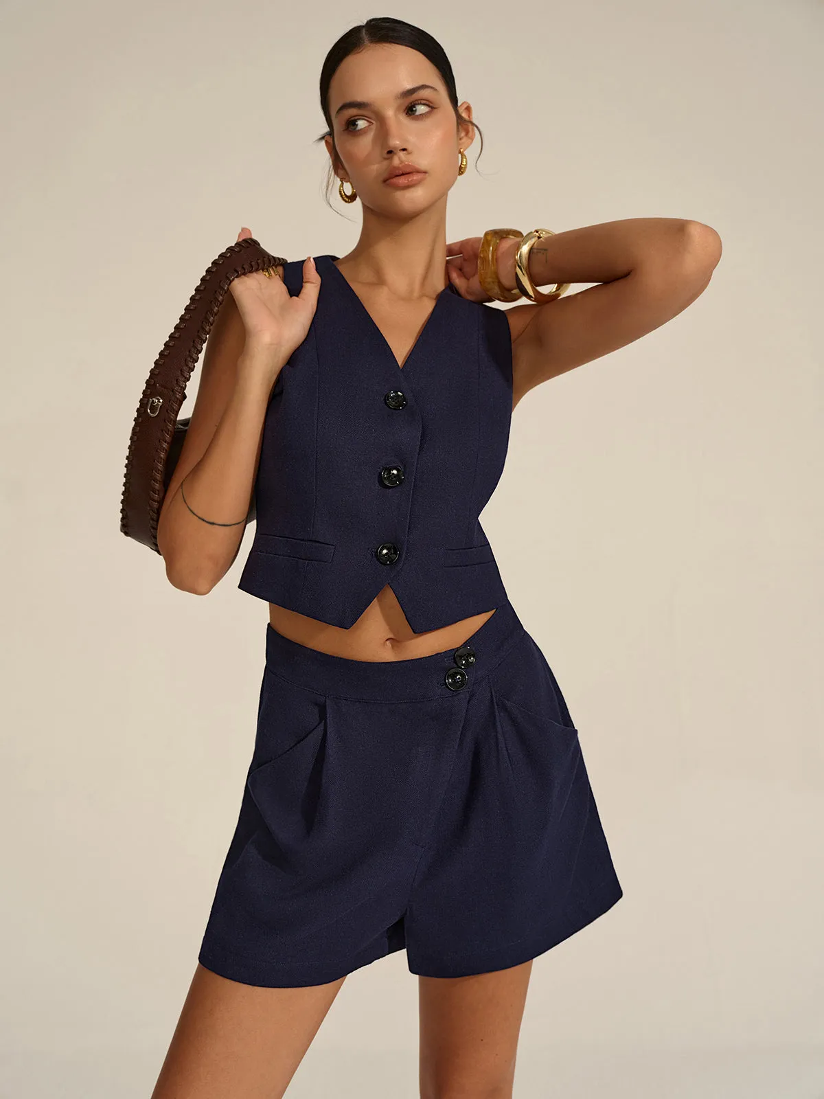 Sleeveless V-Neck Blazer Vest and Shorts Set sold by COMMENSE