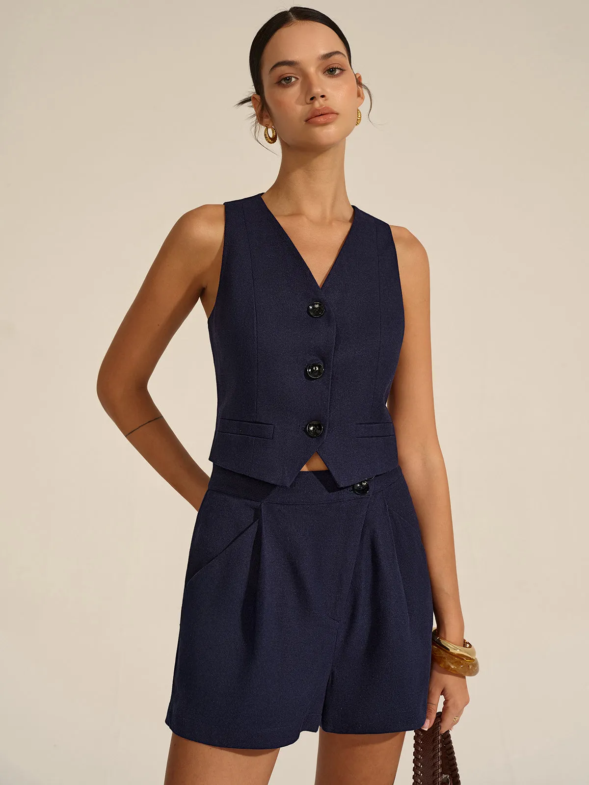 Sleeveless V-Neck Blazer Vest and Shorts Set sold by COMMENSE product image thumbnail 4