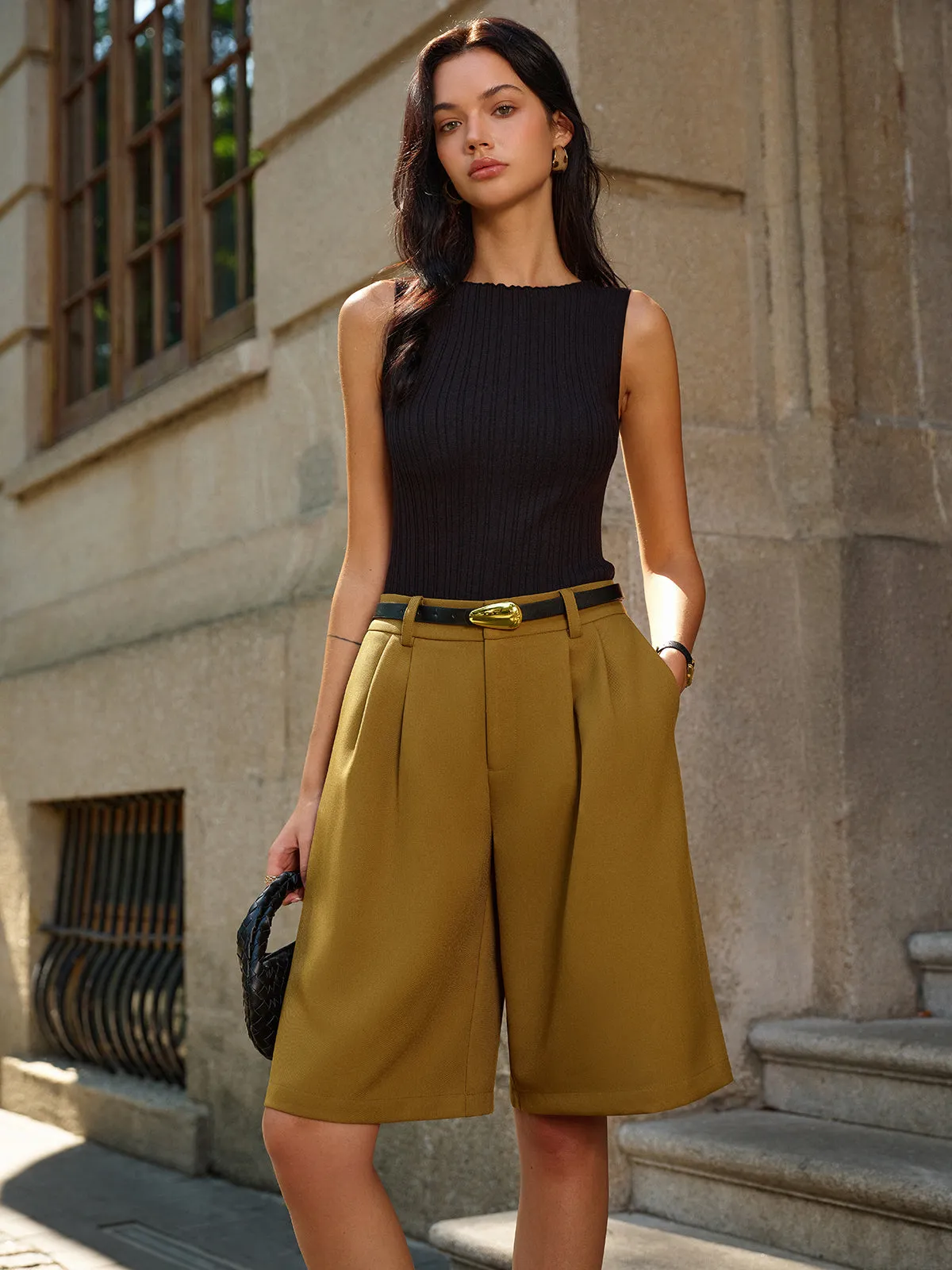 Belted Mid-Waisted Pleated Shorts sold by COMMENSE