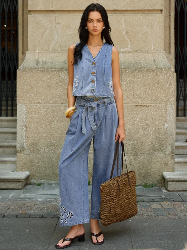 Denim Embroidery Tie-Waist Pants sold by COMMENSE