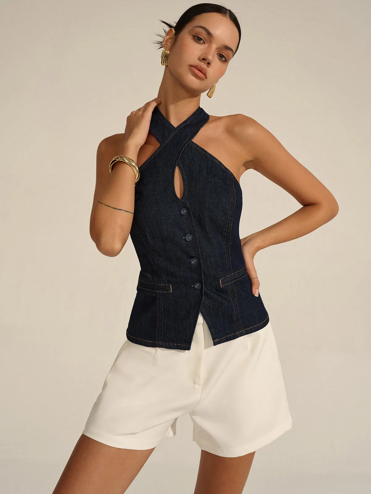 Denim Halter Crisscross Backless Top sold by COMMENSE product image thumbnail 2