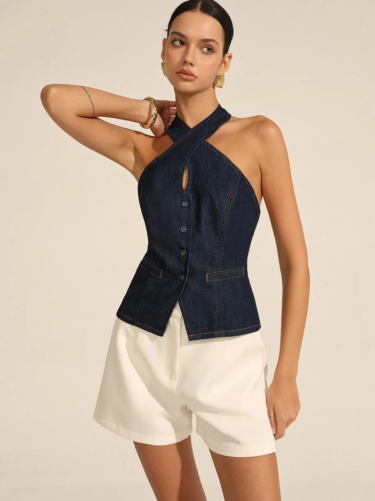 Denim Halter Crisscross Backless Top sold by COMMENSE product image thumbnail 3