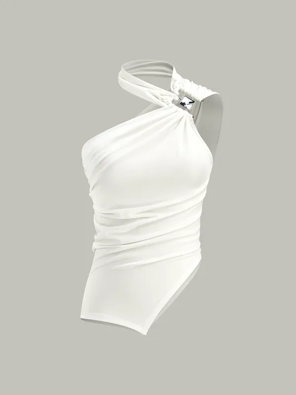 Asymmetrical Halter Neck Ruched Top sold by COMMENSE