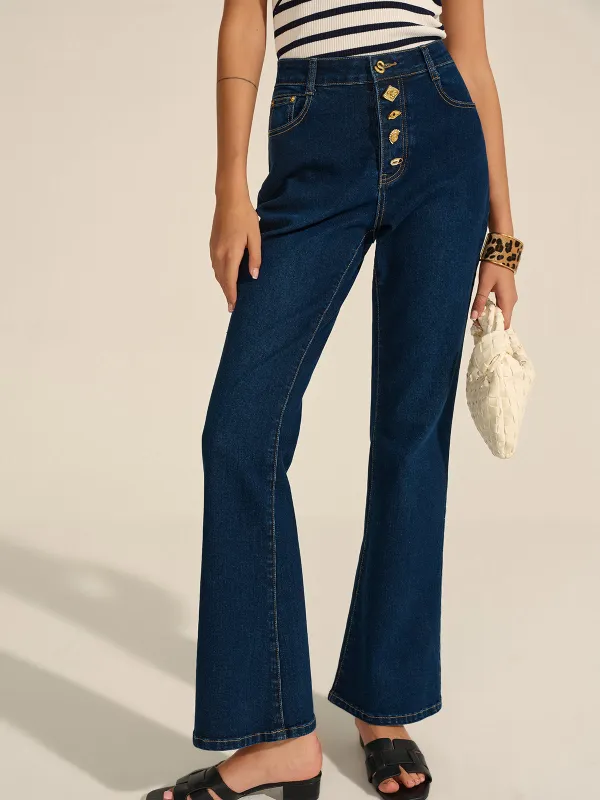 Denim Metal Decor Flared Pants sold by COMMENSE