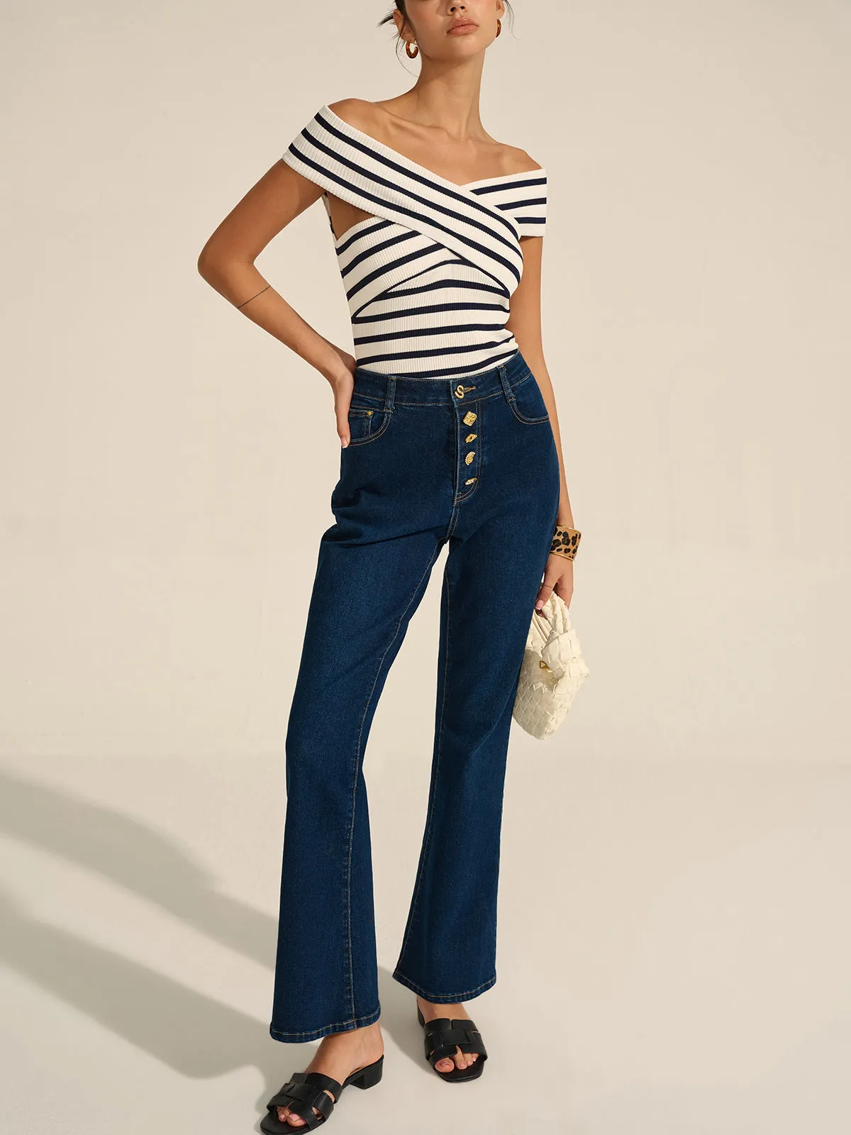 Denim Metal Decor Flared Pants sold by COMMENSE product image thumbnail 5