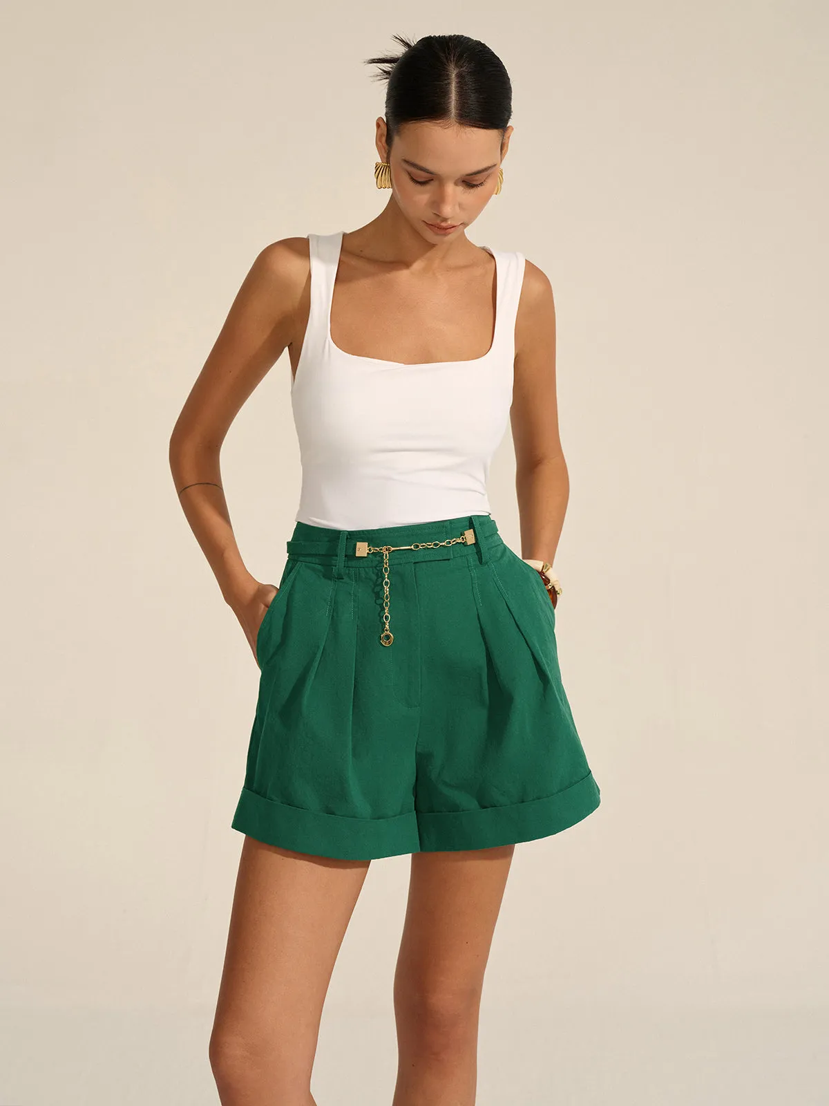 Pleated Cuffed Shorts with Gold Chain Detail sold by COMMENSE product image thumbnail 5