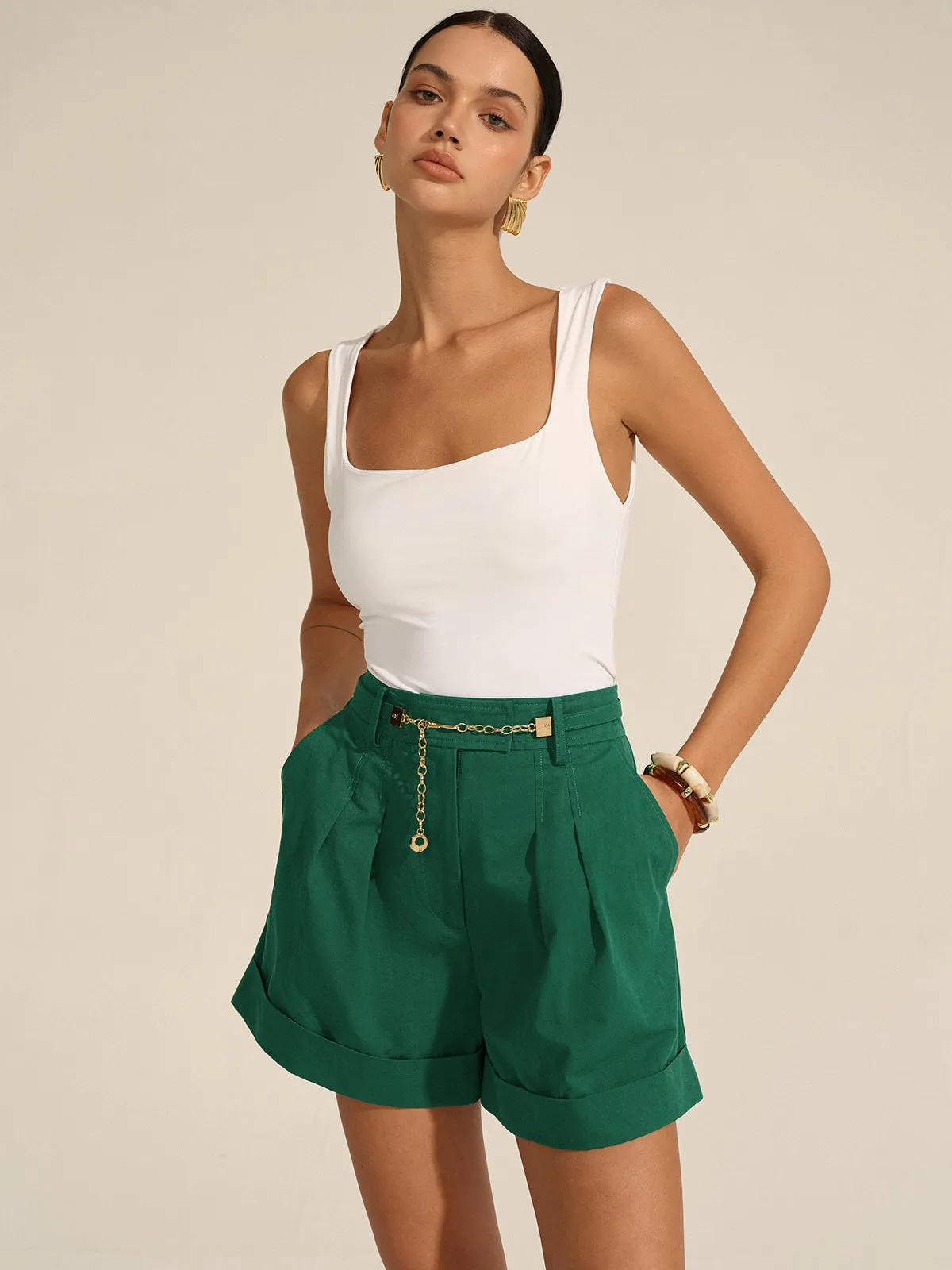 Pleated Cuffed Shorts with Gold Chain Detail sold by COMMENSE