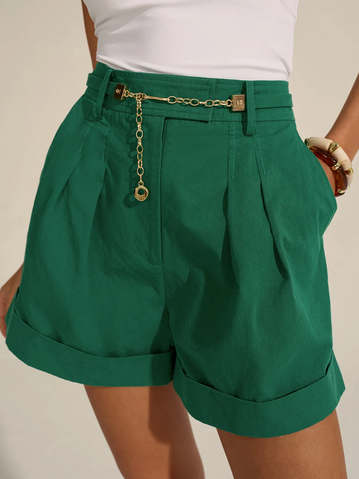Pleated Cuffed Shorts with Gold Chain Detail sold by COMMENSE product image thumbnail 2
