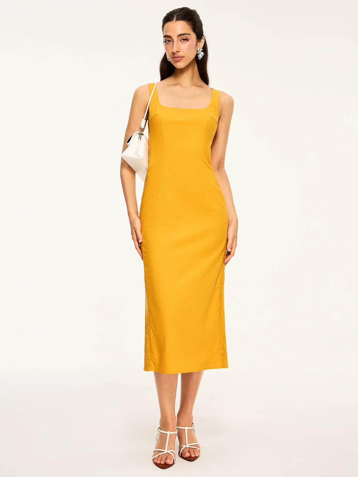 Cotton & Linen Shirred Midi Dress sold by COMMENSE