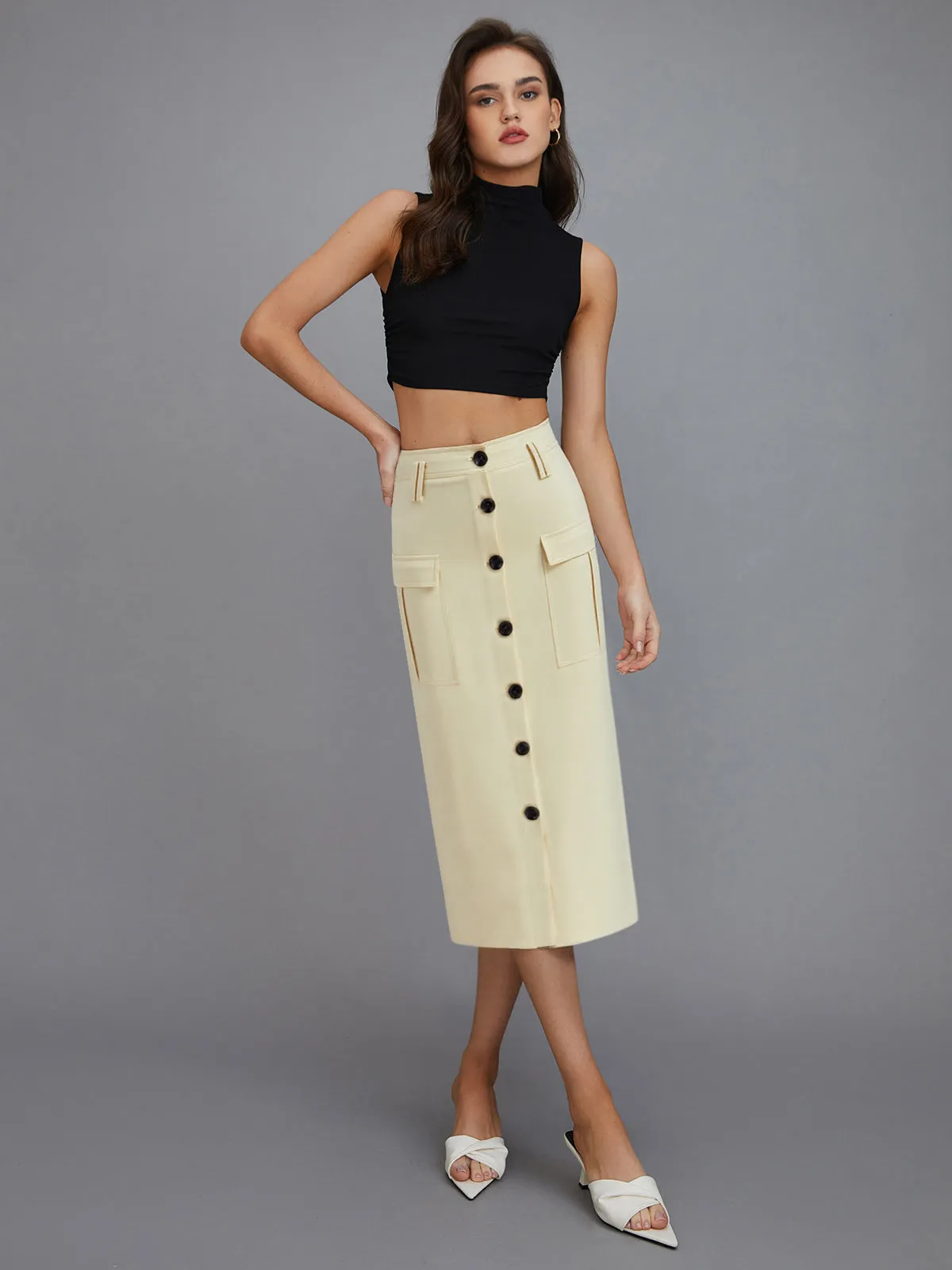 Pocketed Button-Front Midi Skirt sold by COMMENSE product image thumbnail 2