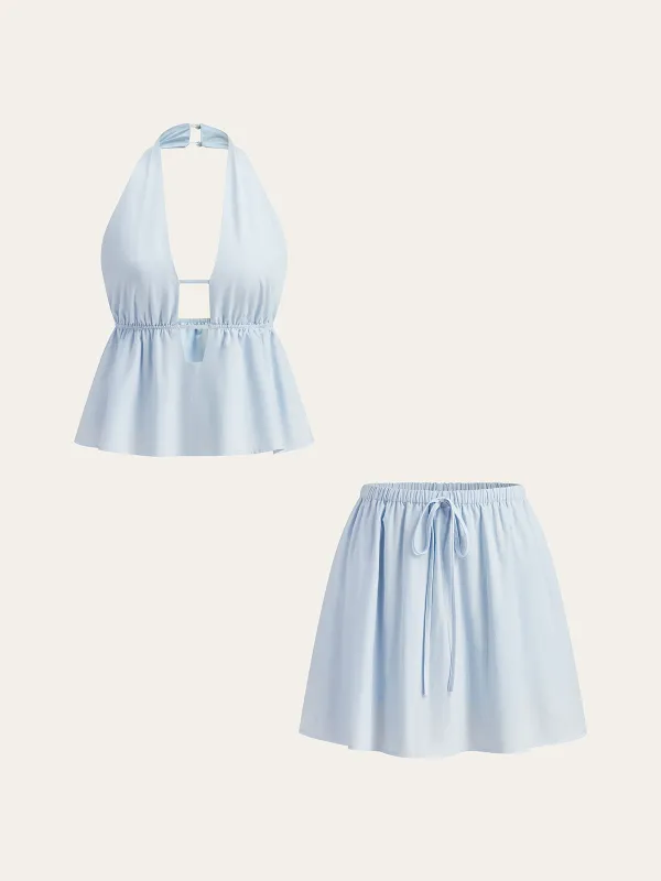 Halter Neck Top and Drawstring Skirt Set sold by COMMENSE