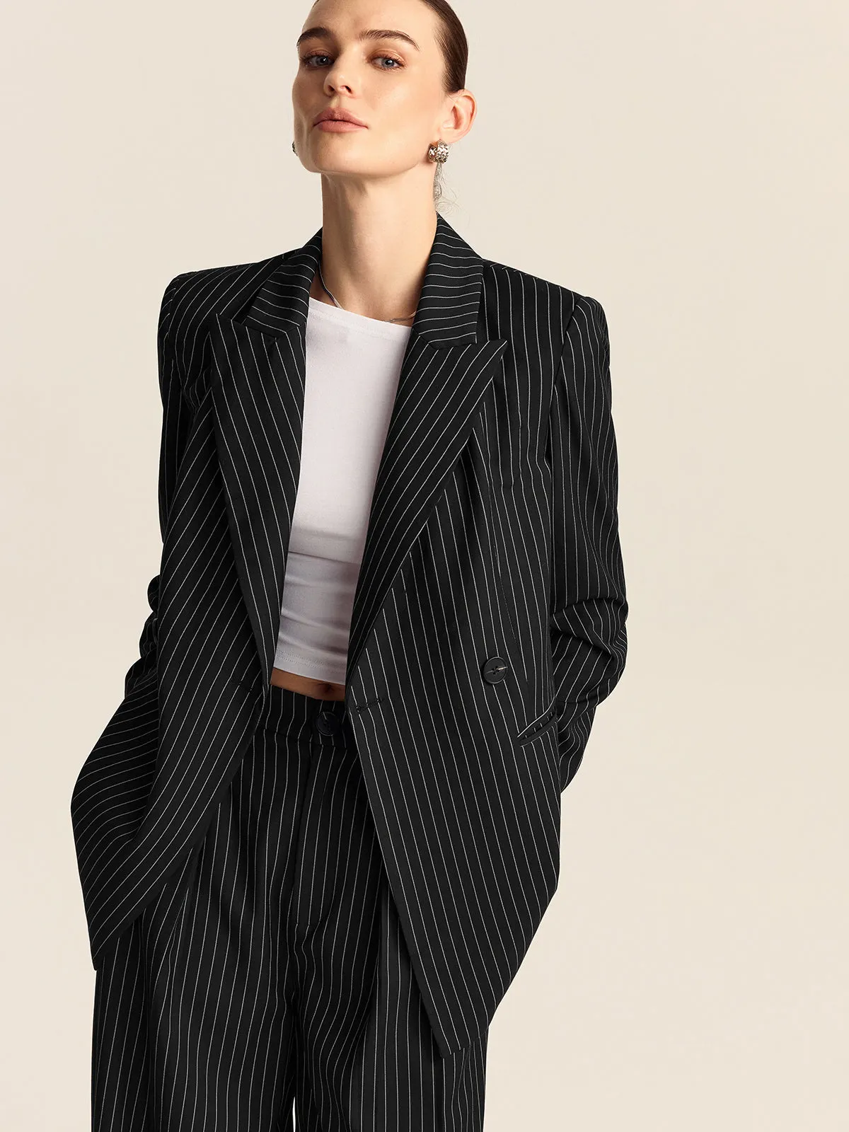 Striped Double-Breasted Blazer sold by COMMENSE