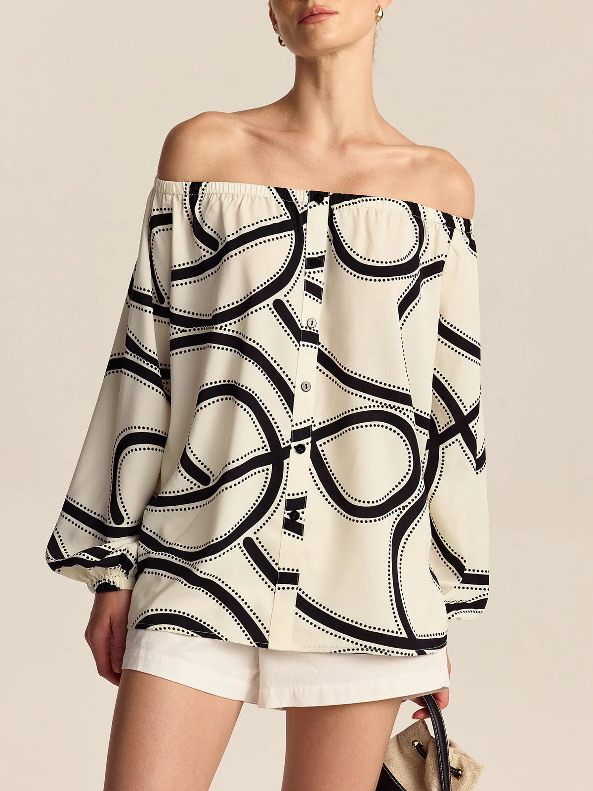 Patterned Off-Shoulder Blouse sold by COMMENSE