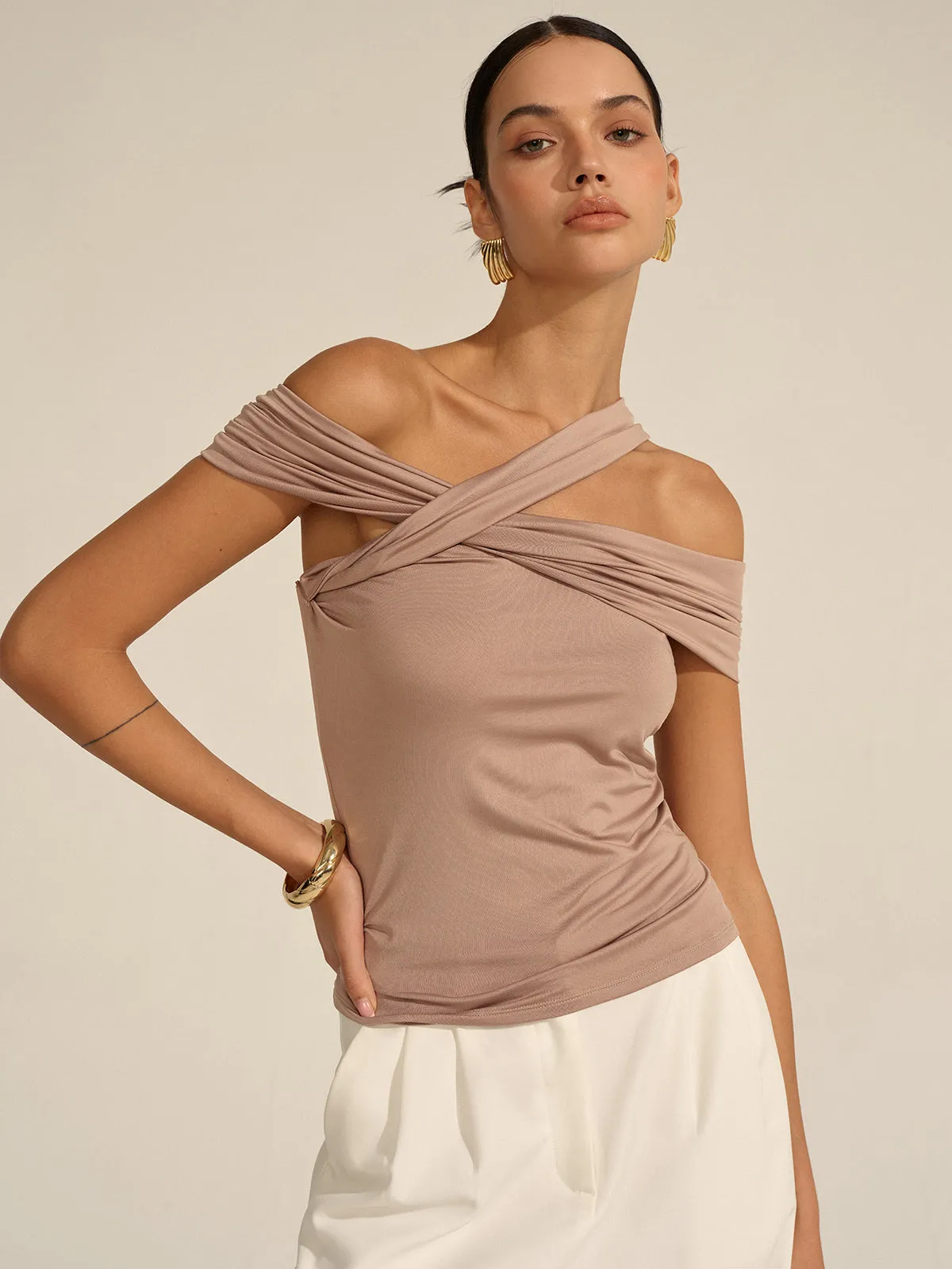 Asymmetrical Twist Off-Shoulder Top sold by COMMENSE product image thumbnail 2