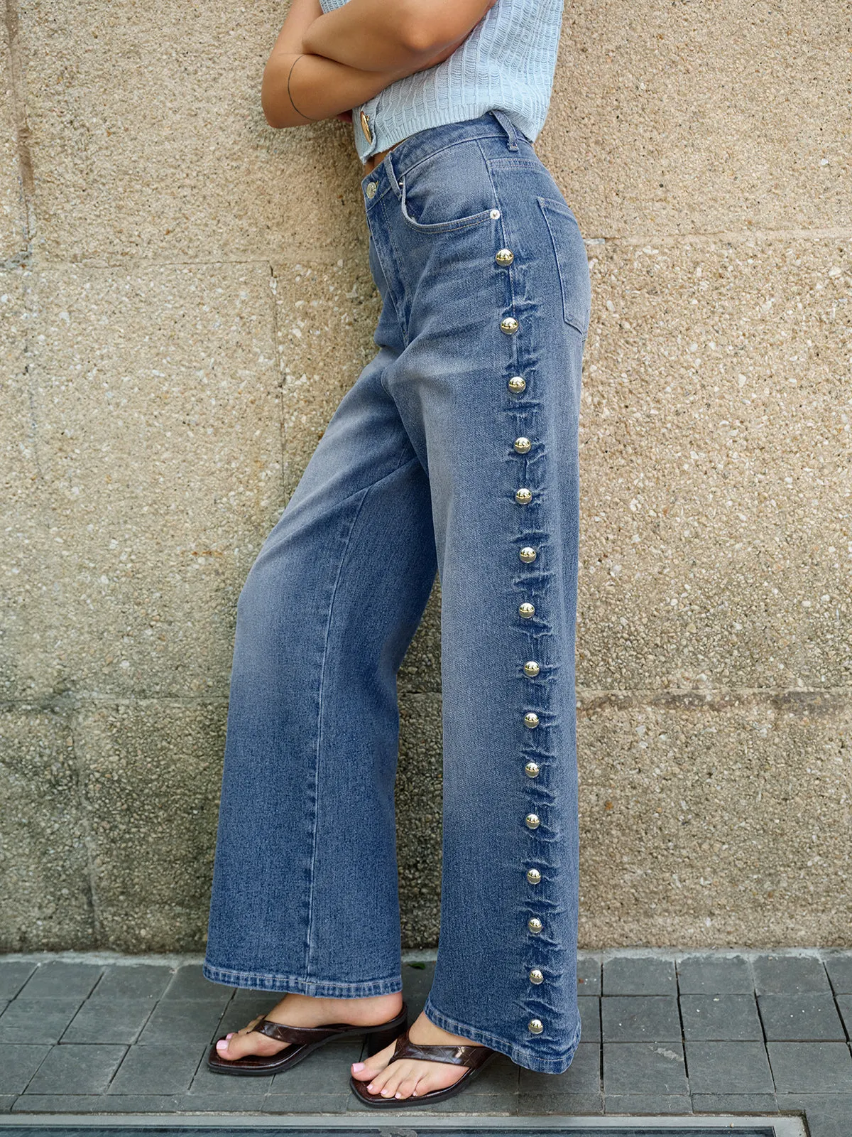 Buttoned Side Detail Pocketed Jeans sold by COMMENSE product image thumbnail 2
