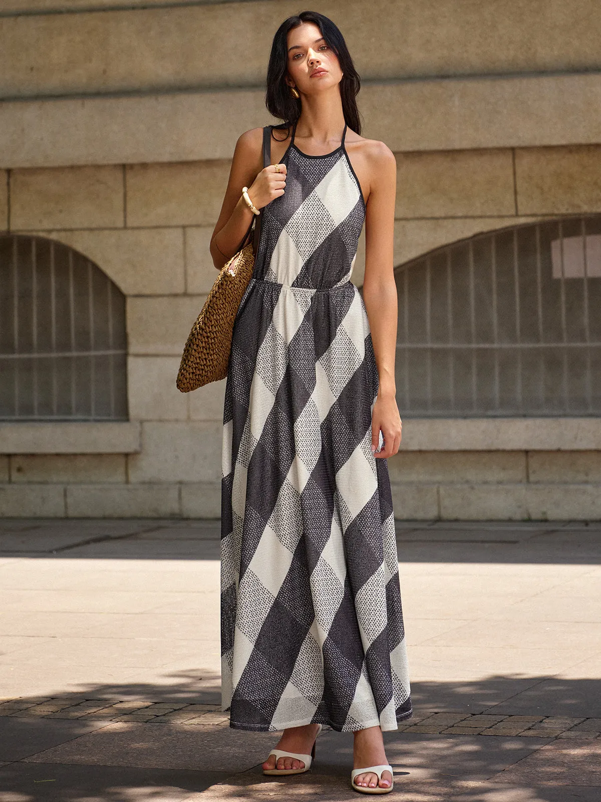 Checkered Halter Backless Maxi Dress sold by COMMENSE