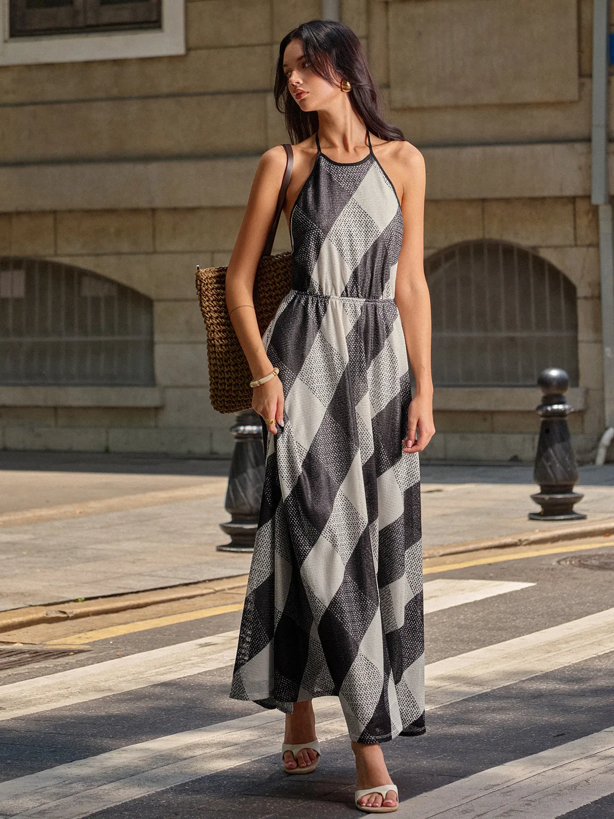 Checkered Halter Backless Maxi Dress sold by COMMENSE product image thumbnail 3