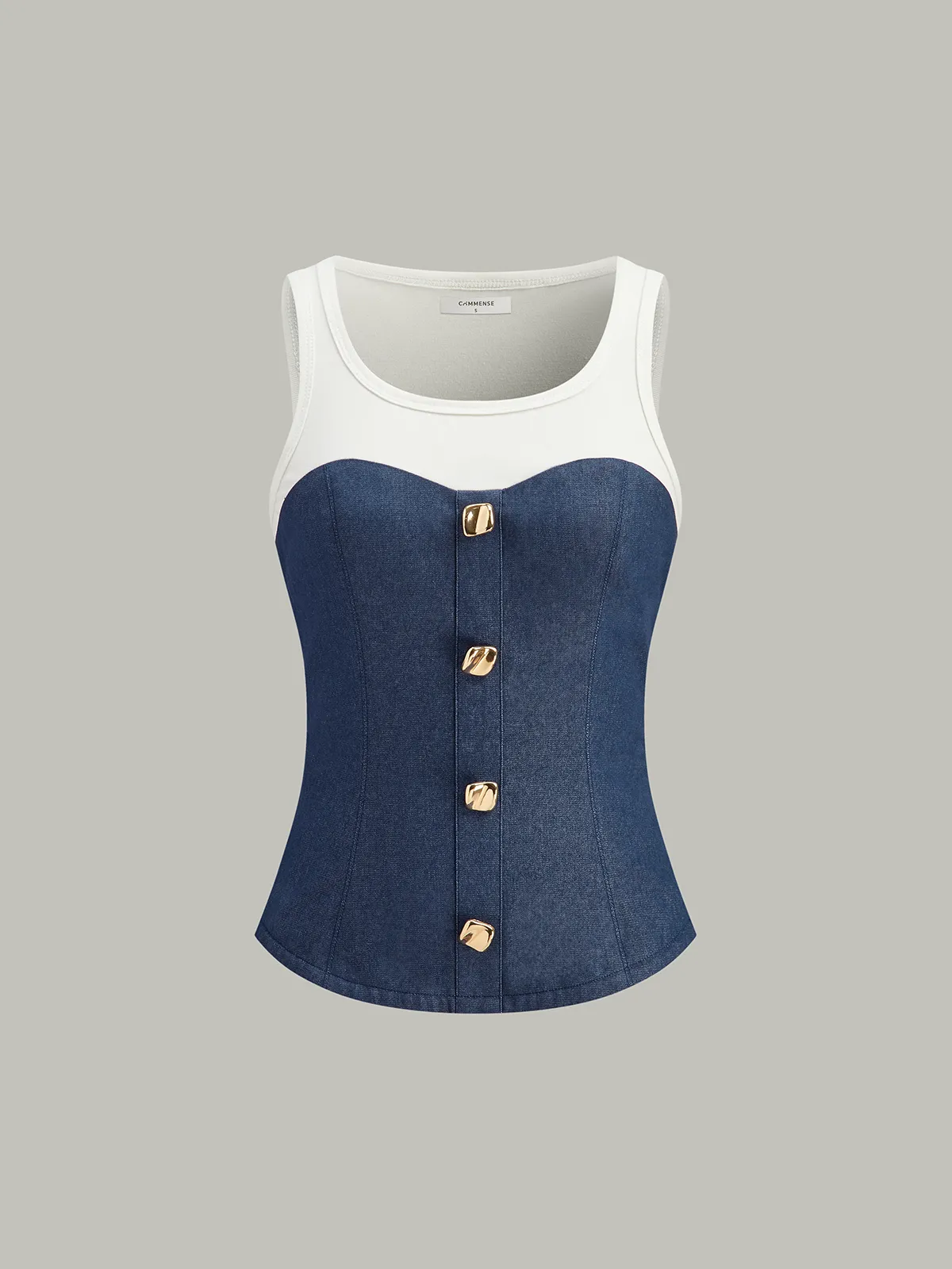 Cotton-Paneled Faux Denim Tank Top sold by COMMENSE