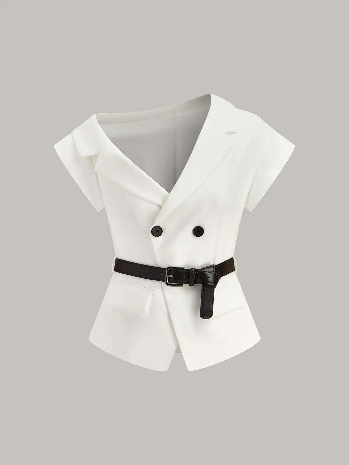 Asymmetrical Belted Blazer Top sold by COMMENSE