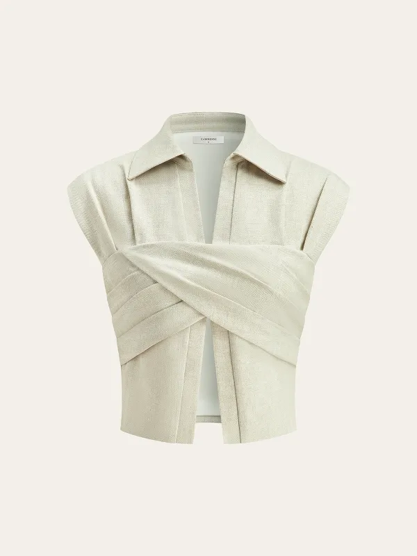 Linen Blend Cropped Blouse with Cross Wrap Detail sold by COMMENSE