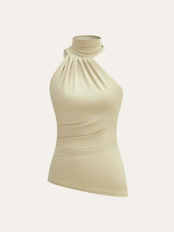 Asymmetrical Halter Neck Ruched Top sold by COMMENSE