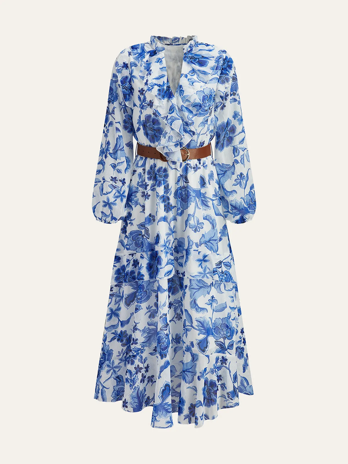 Belted Ruffled Floral Print Maxi Dress sold by COMMENSE