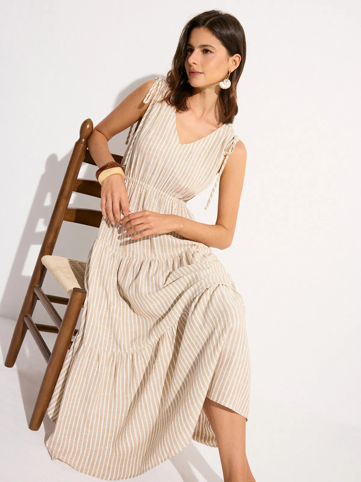 Pocketed Striped Linen & Cotton Tiered Maxi Dress sold by COMMENSE product image thumbnail 2