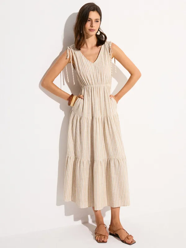 Pocketed Striped Linen & Cotton Tiered Maxi Dress sold by COMMENSE