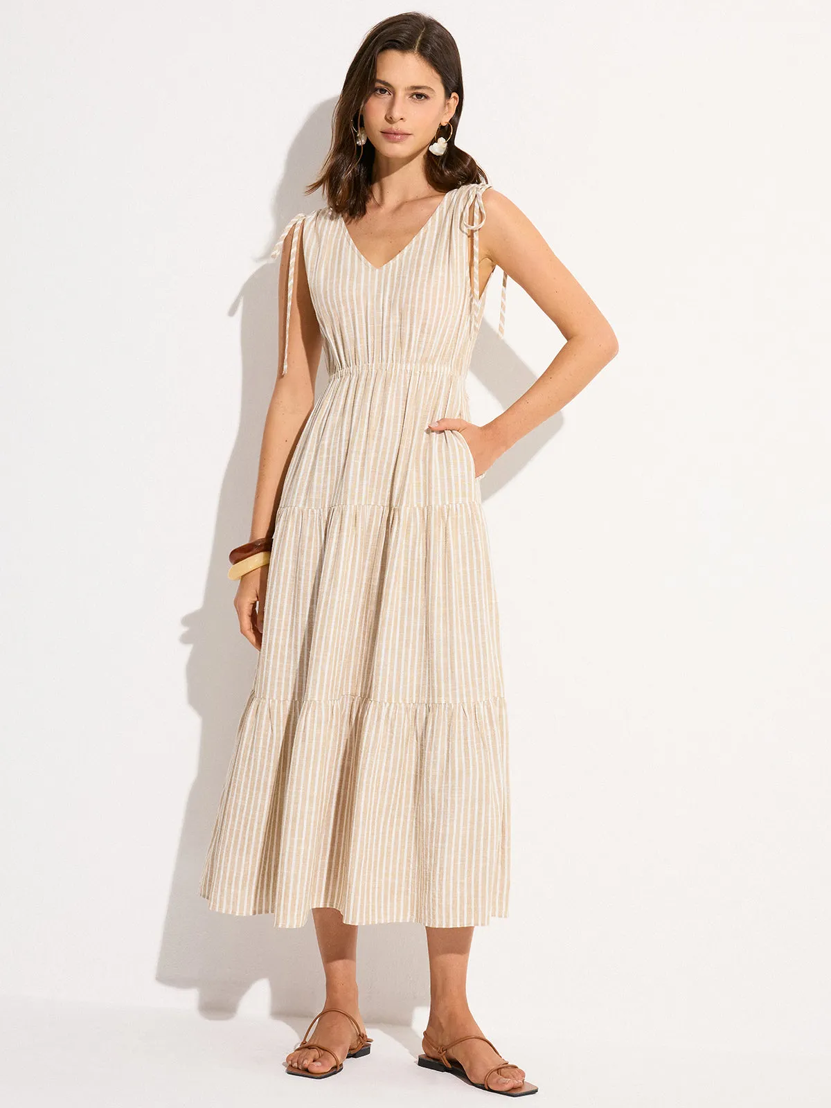 Pocketed Striped Linen & Cotton Tiered Maxi Dress sold by COMMENSE product image thumbnail 4