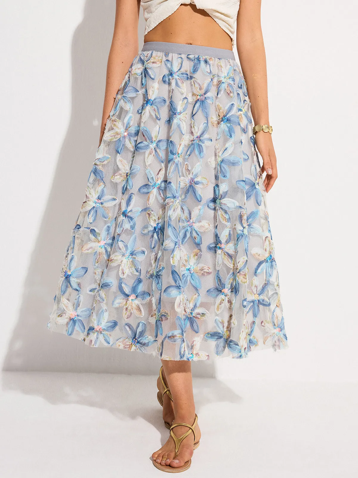 Floral Embroidered Mesh Midi Skirt sold by COMMENSE product image thumbnail 3
