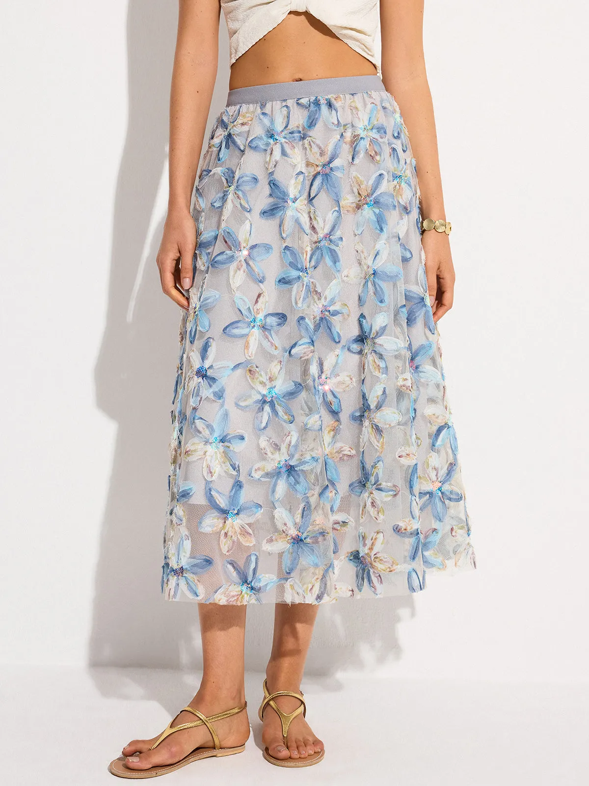 Floral Embroidered Mesh Midi Skirt sold by COMMENSE product image thumbnail 4
