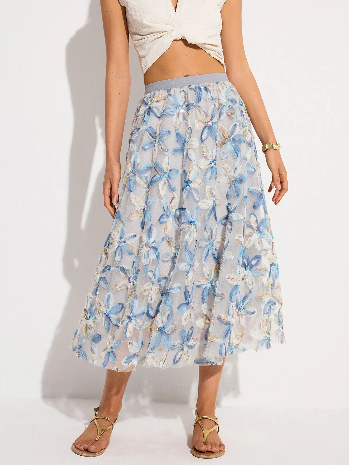 Floral Embroidered Mesh Midi Skirt sold by COMMENSE
