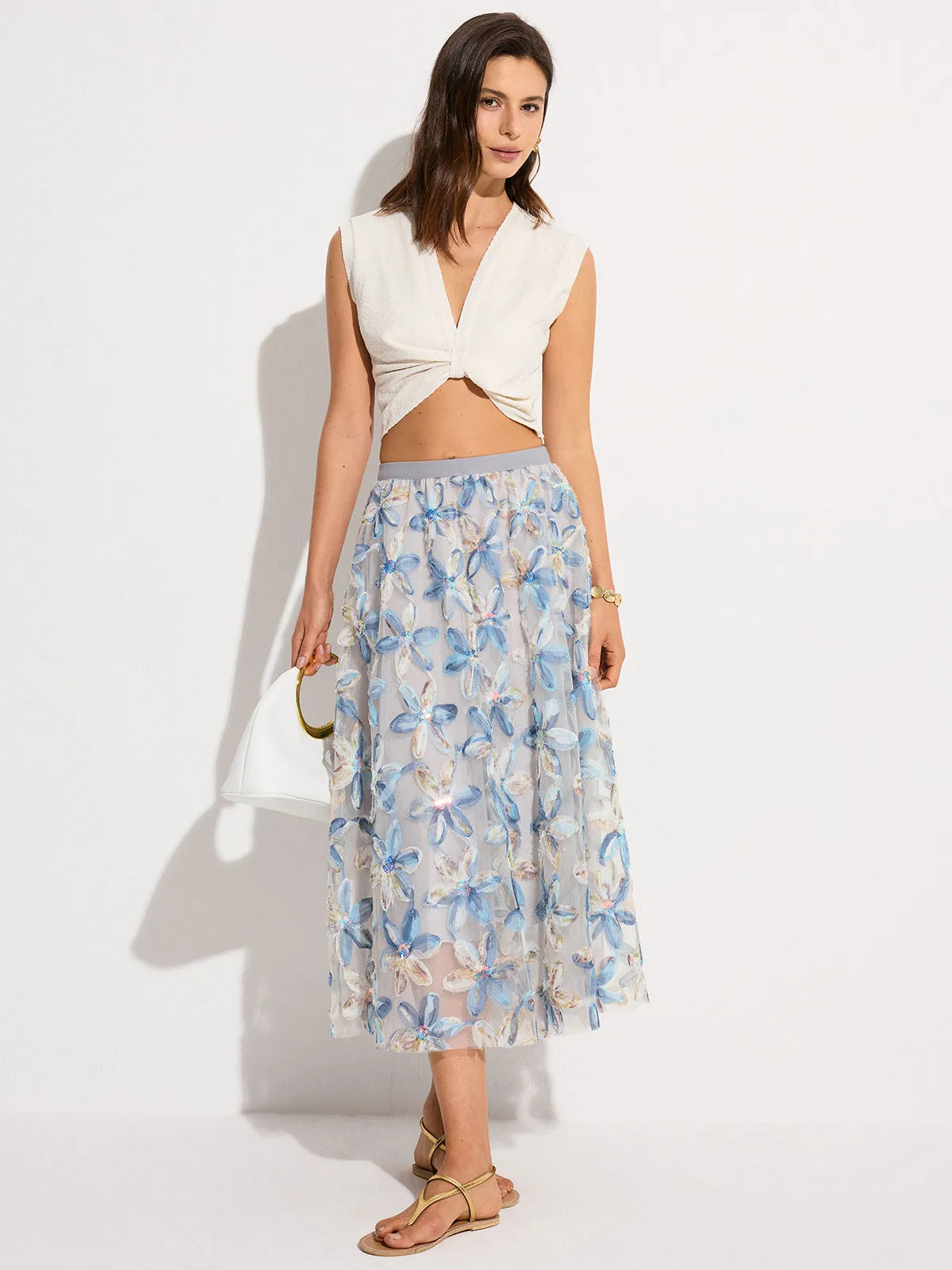 Floral Embroidered Mesh Midi Skirt sold by COMMENSE product image thumbnail 2