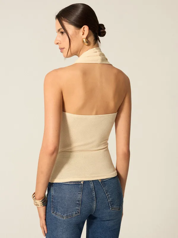 Halter Backless Top with Draped Scarf Detail sold by COMMENSE