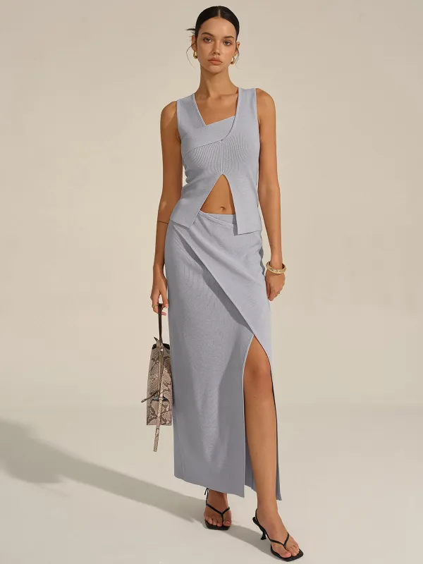Asymmetrical Slit Knit Skirt Set sold by COMMENSE