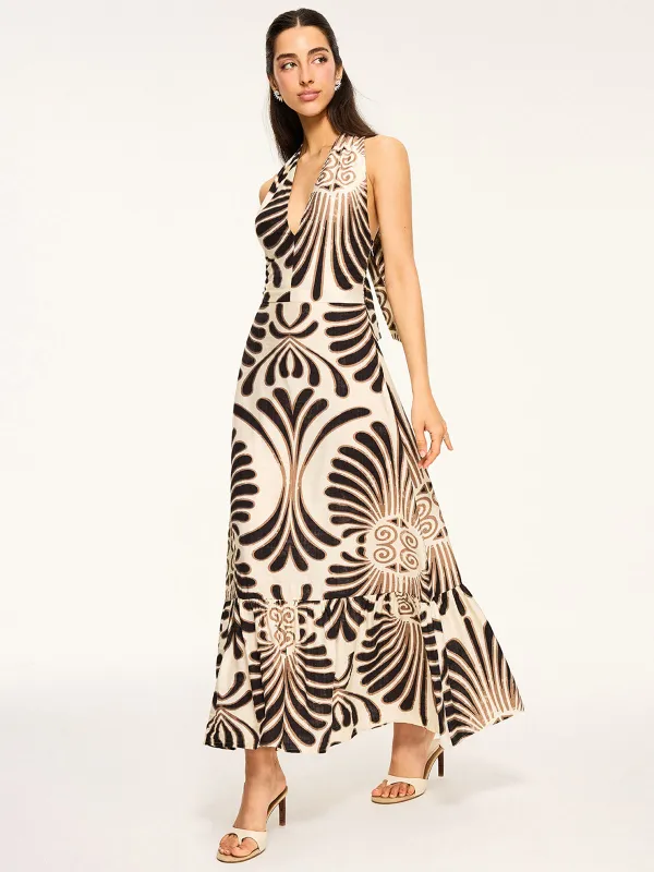 Printed Halter Backless Maxi Dress sold by COMMENSE
