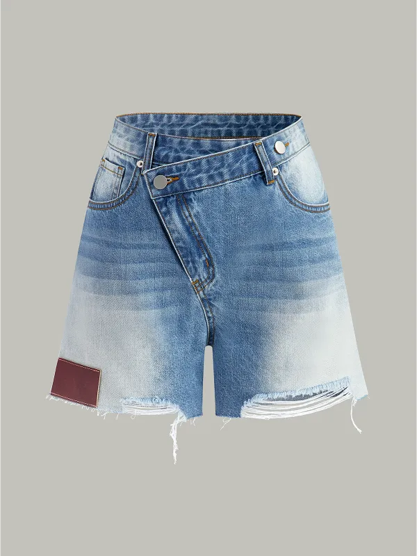 Asymmetric-Waist Distressed Denim Shorts made by COMMENSE