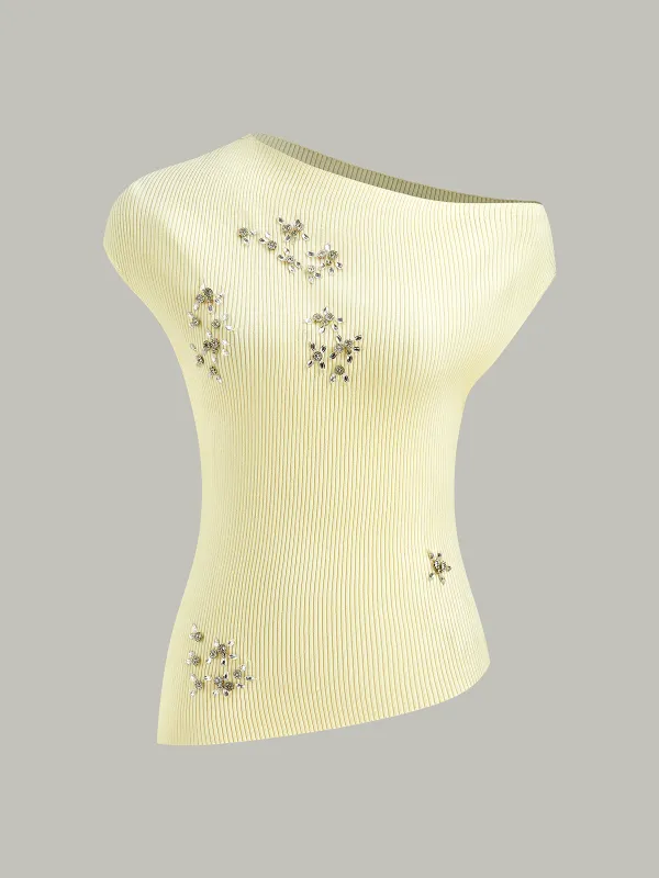 Off-Shoulder Knit Top with Crystal Embellishments sold by COMMENSE