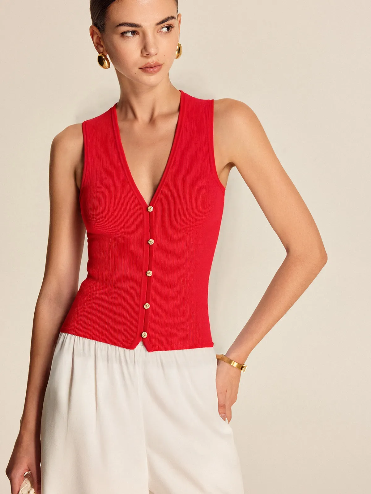 V-Neck Button Down Knitted Vest sold by COMMENSE