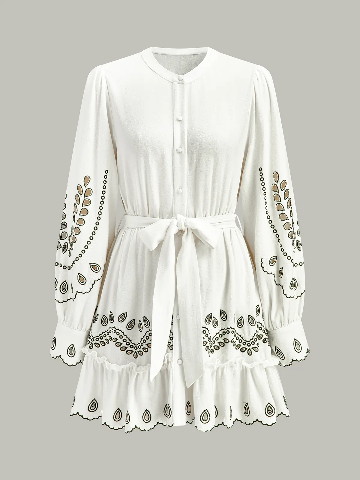 Linen & Cotton Embroidered Belted Mini Dress sold by COMMENSE product image thumbnail 3