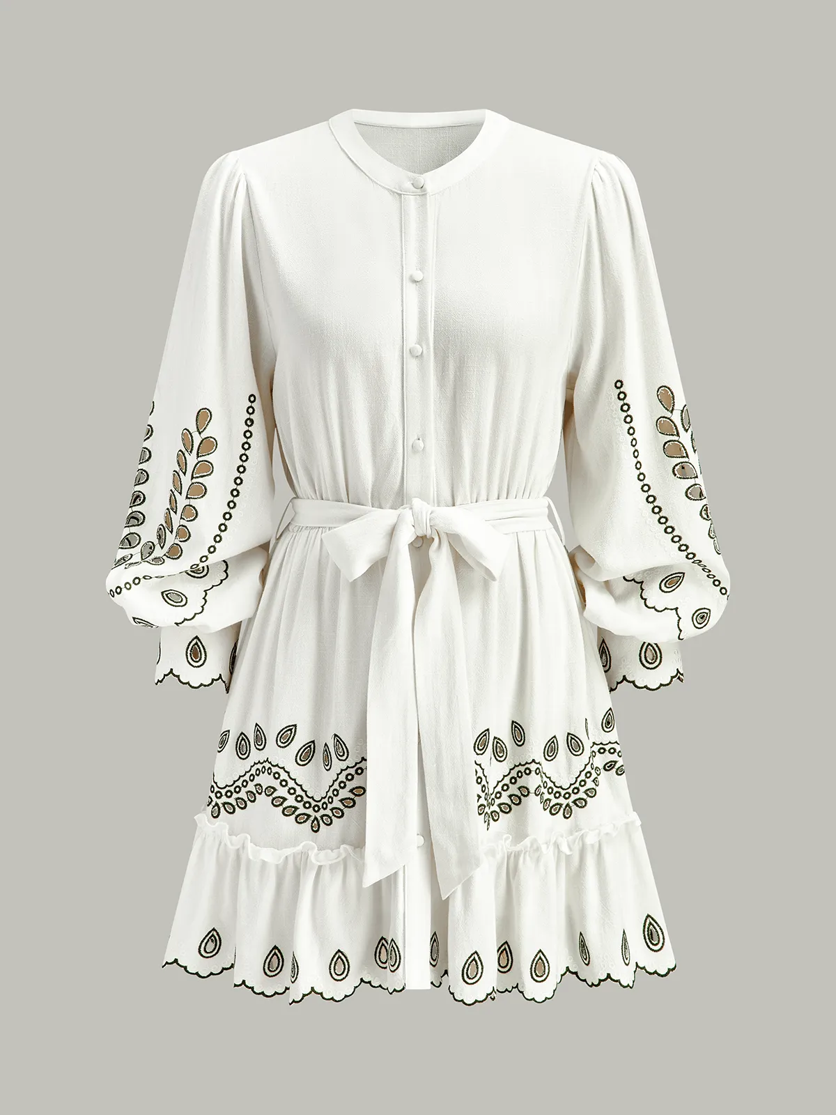 Linen & Cotton Embroidered Belted Mini Dress sold by COMMENSE