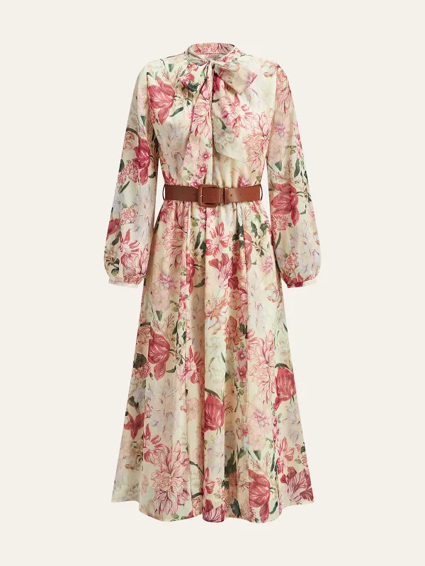 Floral Print Bow Neck Belted Maxi Dress sold by COMMENSE
