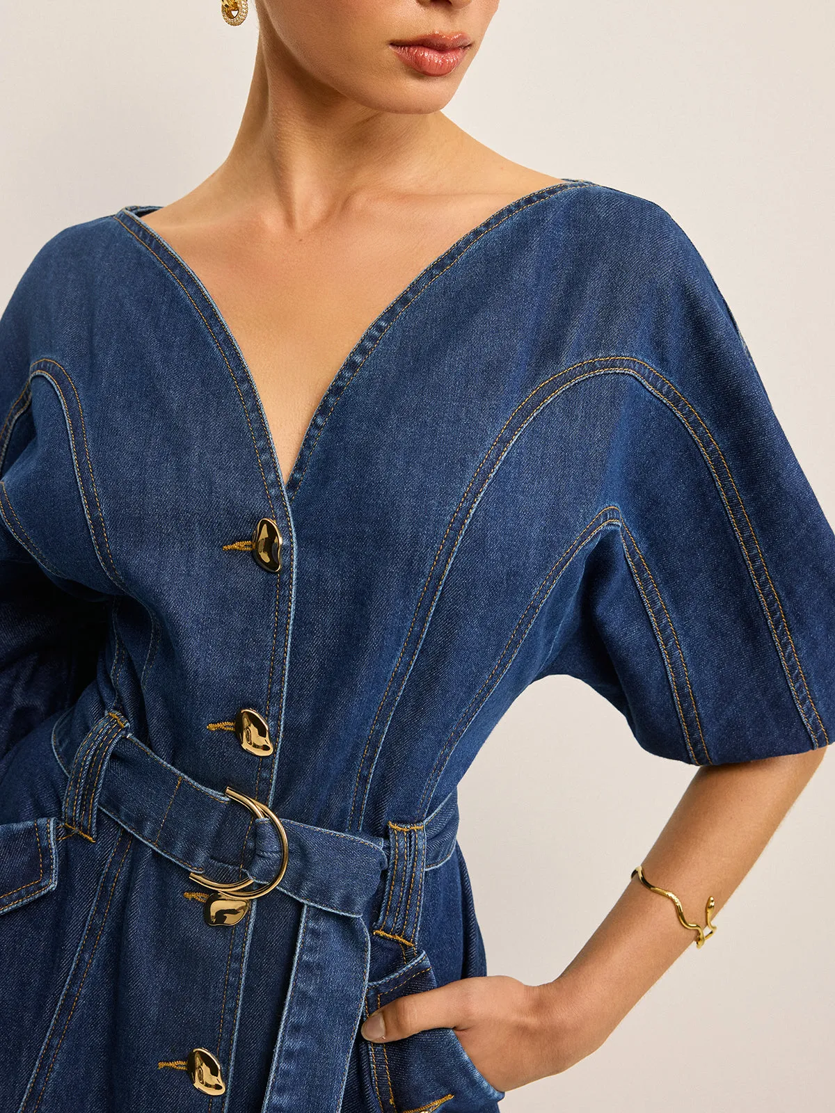 Pocketed Belted Denim Dress sold by COMMENSE product image thumbnail 4