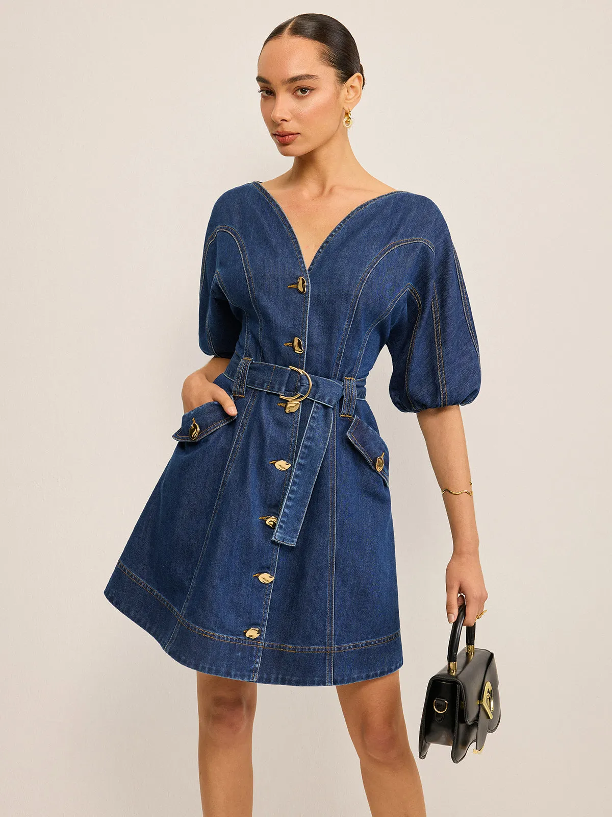 Pocketed Belted Denim Dress sold by COMMENSE