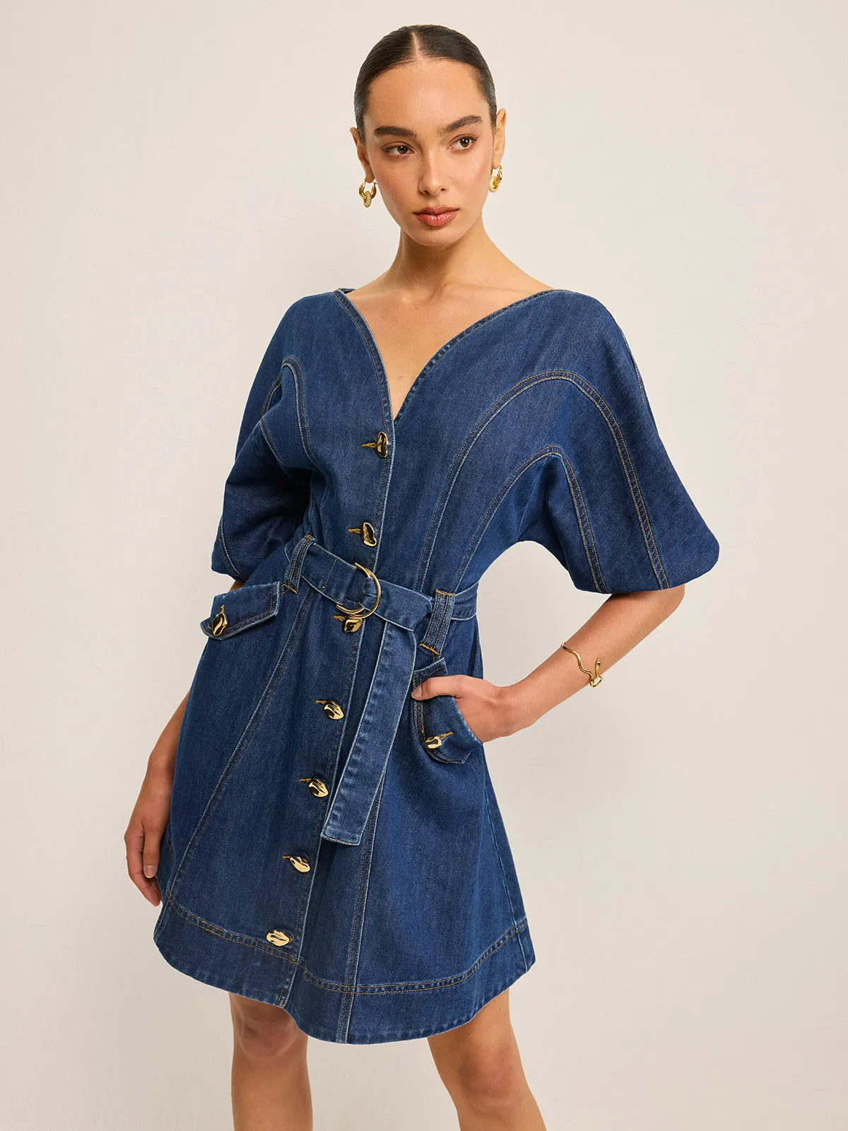 Pocketed Belted Denim Dress sold by COMMENSE product image thumbnail 5