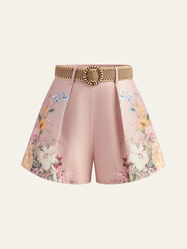 Floral Print Belted Shorts sold by COMMENSE