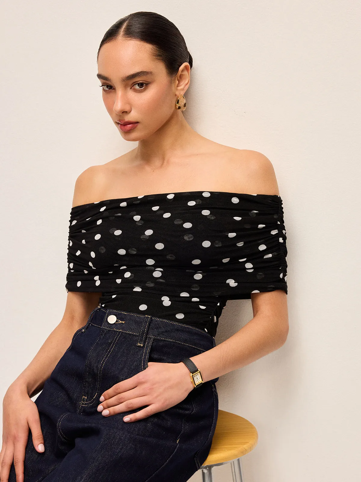 Polka Dot Off-Shoulder Bodysuit sold by COMMENSE product image thumbnail 5