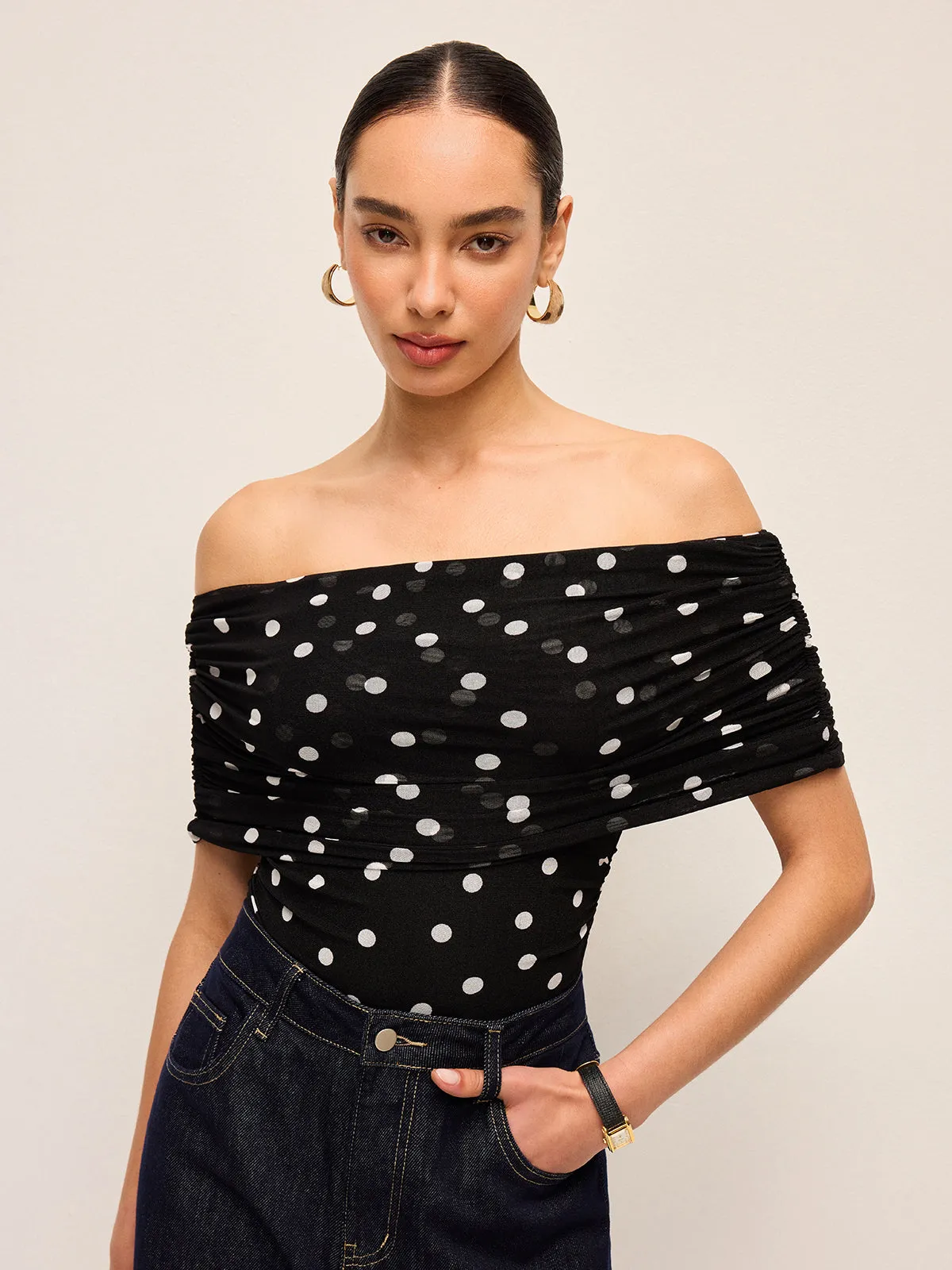 Polka Dot Off-Shoulder Bodysuit sold by COMMENSE product image thumbnail 4